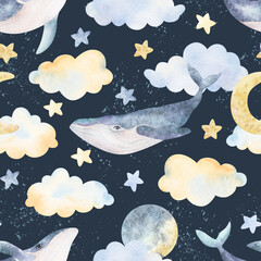 Watercolor whales, clouds, moon, stars, seamless pattern. Watercolor sea animals illustrations. Background print, wear design, baby shower, kids cards, linens, wallpaper, textile.