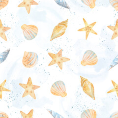 Fototapeta na wymiar Watercolor sea seamless pattern of starfish, seashells, conch, peonies on an isolated white background. underwater world hand drawing, summer clipart. Postcards, packaging, fabric, design, textile.