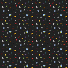 Colored seamless doodle pattern with business and technology set icons. Doodle vector with business icons on dark background. Vintage technology icons,sweet elements background for your project