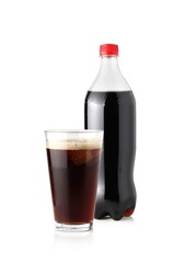 Cola bottle and cola in glass isolated on white background