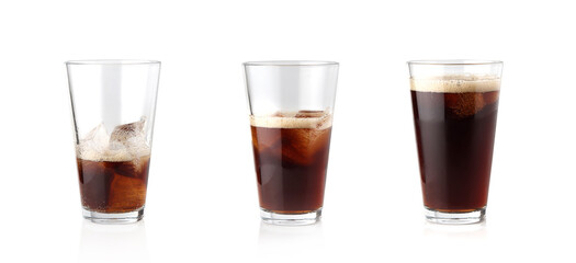 Collection cola glass with ice cubes on white background