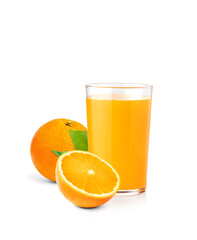 Fresh orange juice in a glass and orange slices isolated on white background.