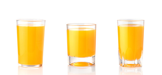 Collection fresh orange juice in glass isolated on white background.