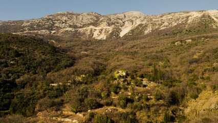 Mountain landscape. A path high in the mountains. Stone path. Goat trail through the mountains