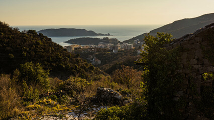 Mountain landscape with a view of the sea riviera and the coastal city. The photo was taken high in the mountains