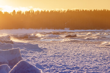 Naklejka premium Icy Gulf of Finland coast at sunset in winter. Frozen rough sea with cracked ice in sunlight landscape