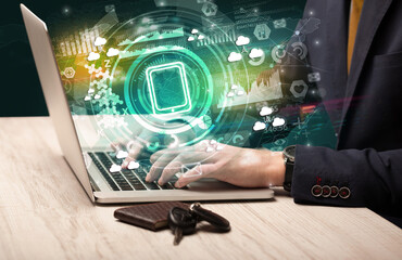 Fototapeta premium Business hand typing on a modern laptop