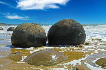 Close up of Moeraki spherical boulders of mudstone on the beach washed by surf of the sea, Koekohe Beach, Pebble beach New Zealand