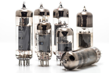 various electronic vacuum tubes on a white background.