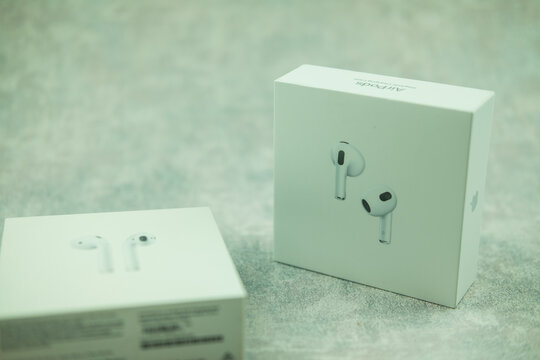 Bangkok, Thailand - April 10, 2022 : Airpods (3rd generation) in box. New Airpods pro.