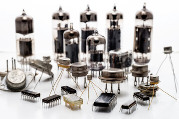 radio components microchips, transistor and radio tubes on white background.