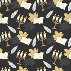 Seamless pattern with vintage romantic set for writer: triple candlestick with candles, bird feather, book and maple leaf. In the style in doodle style, hand-drawing.