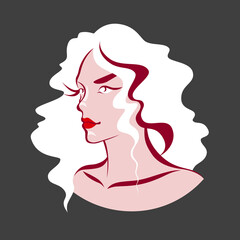 Colored portrait of a pretty young woman with red lips and white wavy hair. 