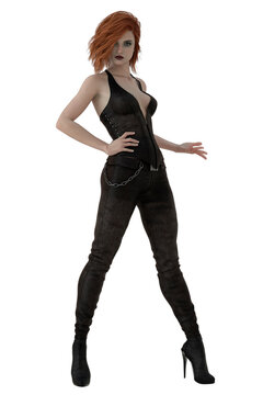 Urban fantasy woman wearing black outfit, 3d render on white background