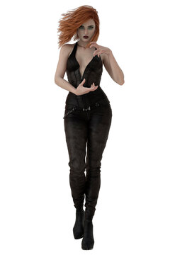 Urban fantasy woman wearing black outfit, 3d render on white background
