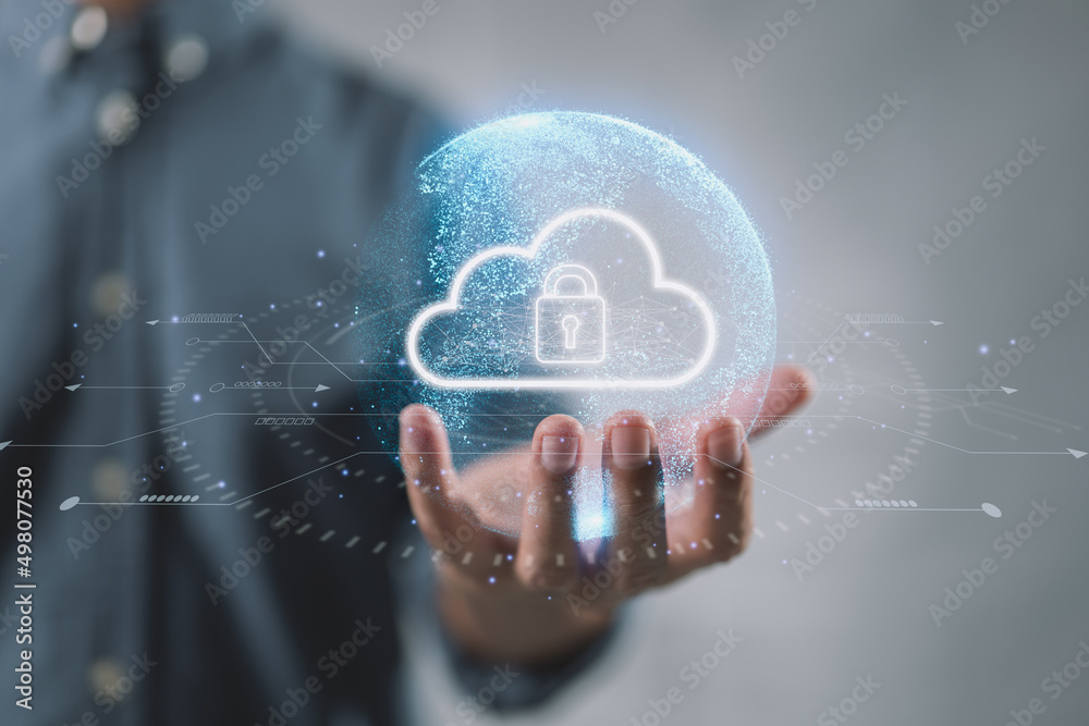 Aufkleber Cloud computing technology database storage security concept Backup transfer. There is a large cloud icon on the right in an abstract world on businessman.
