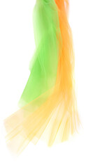 Bright lime green and orange tulle fabric isolated on white background.  Abstract transparent material curve wave on white.