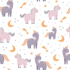 nursery seamless pattern with unicorns and stars on white background. Good for posters, prints, wrapping paper, textile, banners, etc. EPS 10