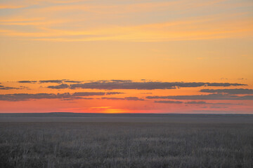 Sunset in the Burtinskaya steppe (Orenburg nature reserve). Orenburg region, Southern Urals, Russia.