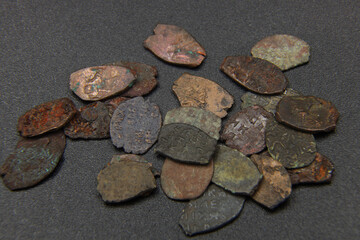 Medieval Russian copper coins on the table