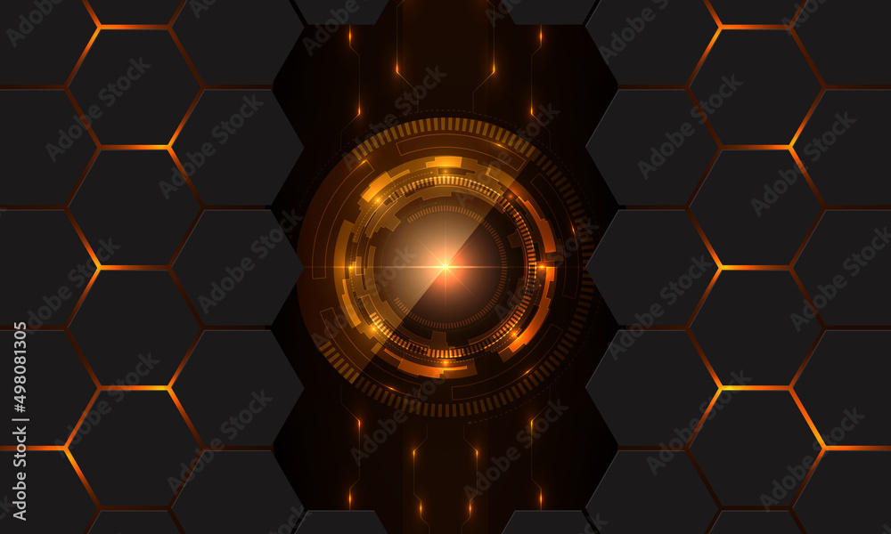 Aufkleber Abstract vector innovation technology concept background with circuit board and hexagonal grid. Orange bright energy flashes under hexagon. Circuit board HUD interface futuristic technology background