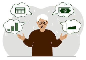 Screaming old man thinking about finances. In my thoughts money, calculator, charts. For posters, banners, websites.