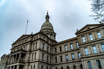 Fototapeta na wymiar Michigan State Capitol Building on a Rainy, Cloudy Day