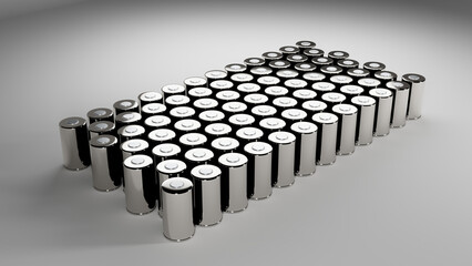 A group of innovative 4680 format high-capacity battery cells for electric vehicles. 3d render
