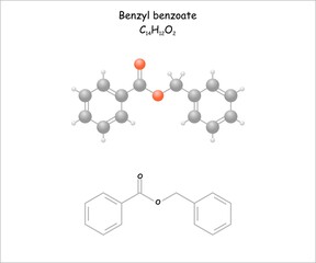 Stylized molecule model/structural formula of benzyl benzoate. Use as solvent, in perfumery as medication aggainst acarodermatitis/scabies in medicine.