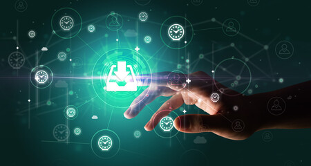 Businessman hand pressing stock graphic information on multitouch screen