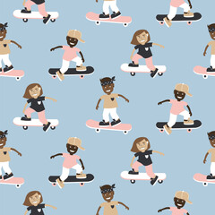 Skateboarding boys seamless pattern. Skate background. Skateboarding cartoon kids illustration. Seamless pattern with cartoon skateboards