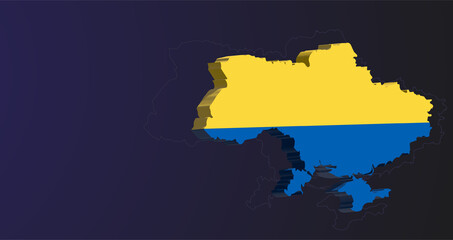 Illustration of 3d Ukrainian borders of country in blue-yellow national flag	
