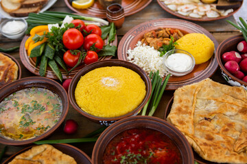 Homemade Romanian Food with 
pies, polenta, borscht, vegetables, fish, meat, stew, cheese and wine. Traditional dishes from Romania and the Republic of Moldova.