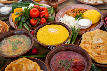 Homemade Romanian Food with 
pies, polenta, borscht, vegetables, fish, meat, stew, cheese and wine. Traditional dishes from Romania and the Republic of Moldova.