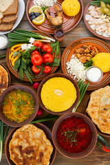 Homemade Romanian Food with 
pies, polenta, borscht, vegetables, fish, meat, stew, cheese and wine. Traditional dishes from Romania and the Republic of Moldova.