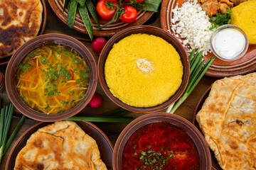Homemade Romanian Food with 
pies, polenta, borscht, vegetables, fish, meat, stew, cheese and wine. Traditional dishes from Romania and the Republic of Moldova.