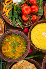 Homemade Romanian Food with 
pies, polenta, borscht, vegetables, fish, meat, stew, cheese and wine. Traditional dishes from Romania and the Republic of Moldova.