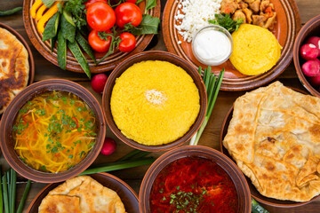 Homemade Romanian Food with 
pies, polenta, borscht, vegetables, fish, meat, stew, cheese and wine. Traditional dishes from Romania and the Republic of Moldova.