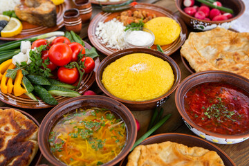 Homemade Romanian Food with 
pies, polenta, borscht, vegetables, fish, meat, stew, cheese and wine. Traditional dishes from Romania and the Republic of Moldova.