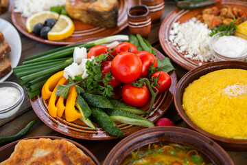 Homemade Romanian Food with 
pies, polenta, borscht, vegetables, fish, meat, stew, cheese and wine. Traditional dishes from Romania and the Republic of Moldova.