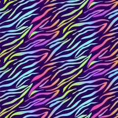 Foto auf Glas Tiger gestreiftes nahtloses Muster des Regenbogens. Neon holografischer Vektor der Tigerbeschaffenheit. Tierhaut, Zebradruck. Geschenkpapier, Modestoffe, Drucke. © YoPixArt