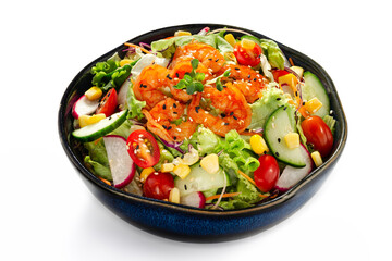 Fresh salad shrimps with cherry tomatoes, cucumbers and lettuce greens isolated on a white background