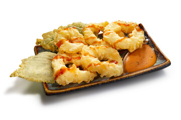 Squid skewers in tempura with sweet and sour sauce on a white background