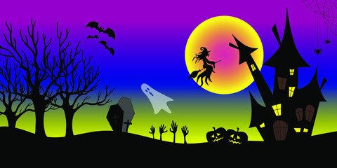 Happy halloween design background with castle, bats, witch, ghost, pumpkins, cemetery. Vector illustration.
