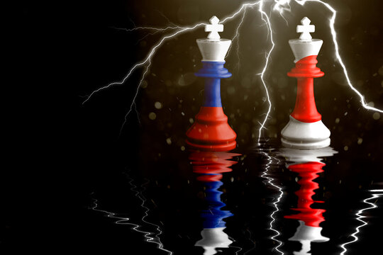 Japan And Russia Flags Paint Over On Chess King. 3D Illustration Japan Vs Russia Crisis Concept.