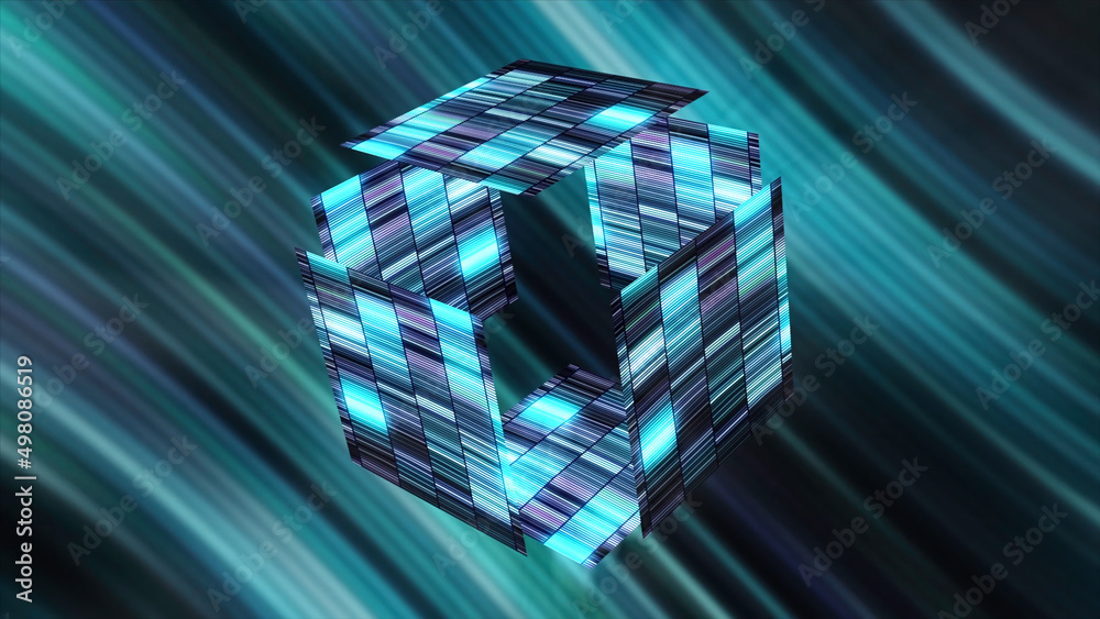 Poster glowing striped cube in cyberspace. motion. shining colorful cube is divided into parts and assemble