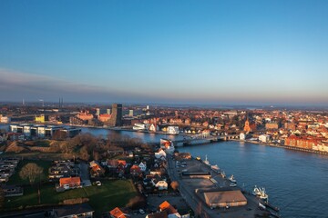 Fototapeta premium Aerial sunset cityscape of Sonderborg (Dan. Sønderborg), city in Southern Denmark
