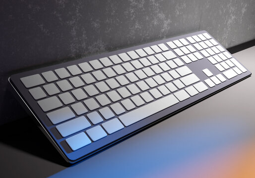 Wireless keyboard. Stylish keyboard with empty buttons. Keyboard next to Wall. Concept of selling electronic devices. Sale of components for computer. Typing device in neon light. 3d rendering.