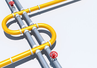 Crossed gas pipes. Gas pipes with red valves. Pipes for supplying natural gas. Three-dimensional pipeline top view. Copy Space next to pipeline. Gasification system. 3d rendering.