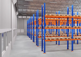 Warehouse interior with pallet furniture. Empty racks in hangar. Warehouse interior empty. Concept of production and sale of warehouse racks. Place to store business cargo. 3d image.